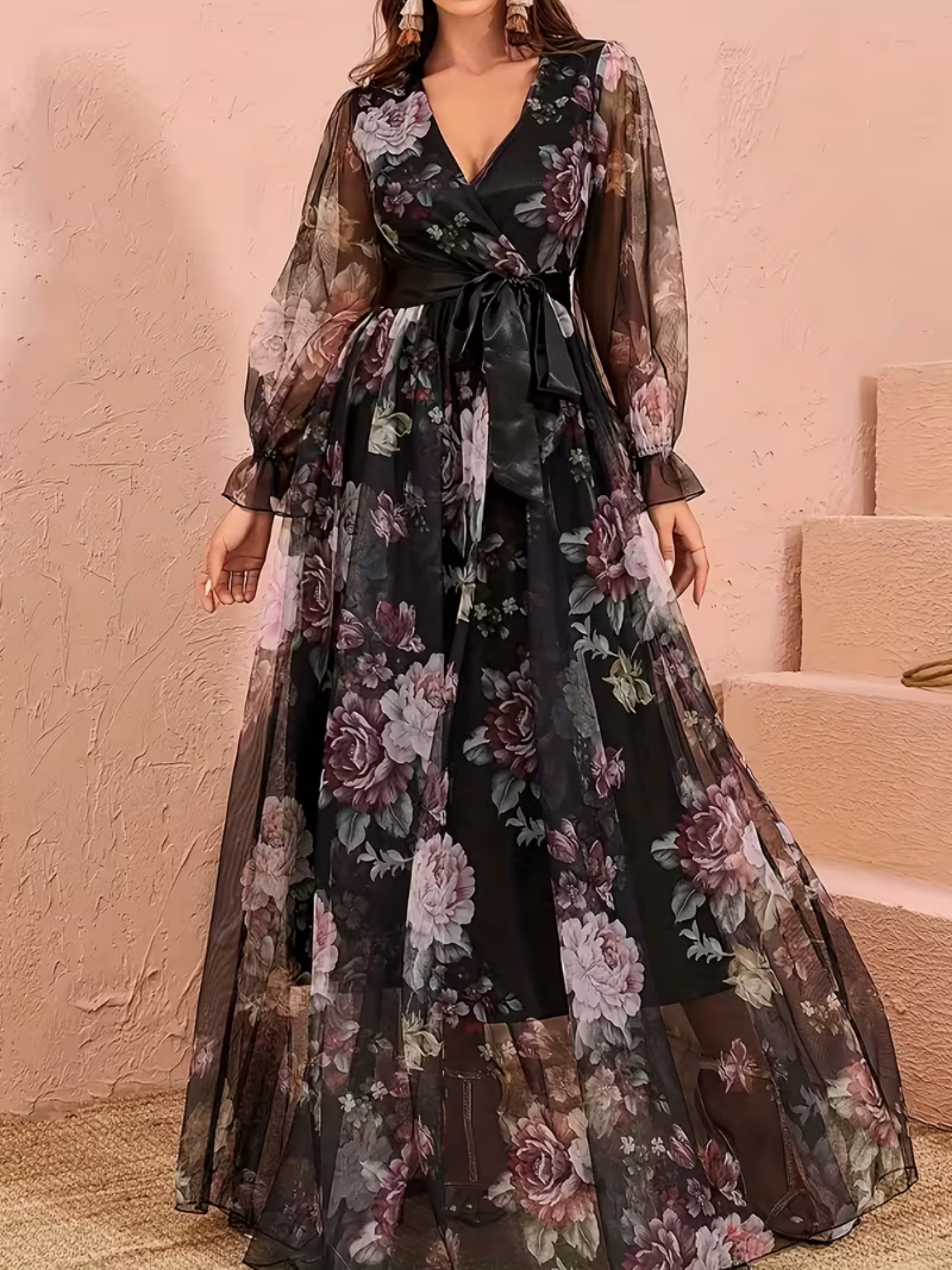 Black Floral Wrap V Neck Tulle Dress