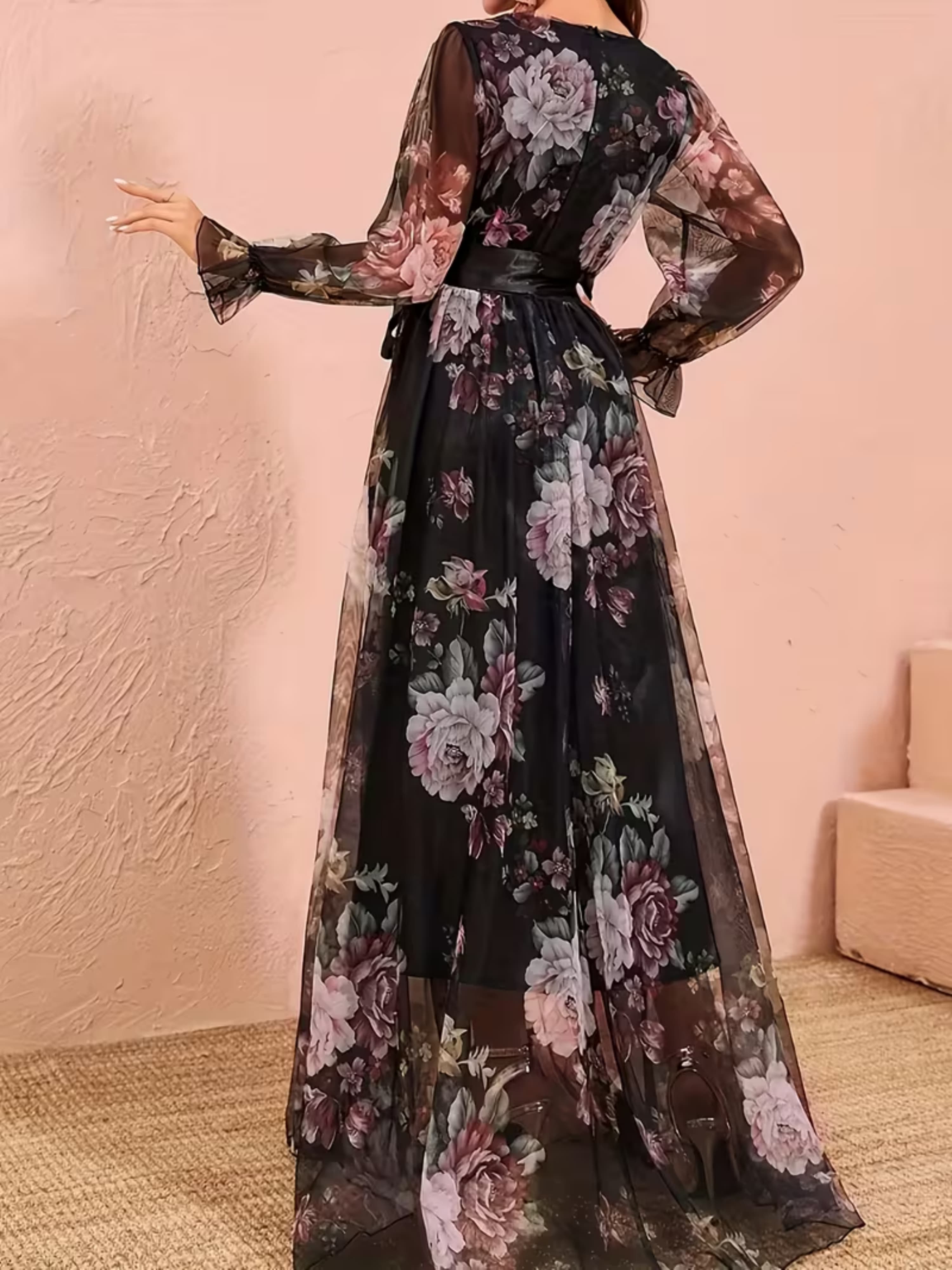 Black Floral Wrap V Neck Tulle Dress