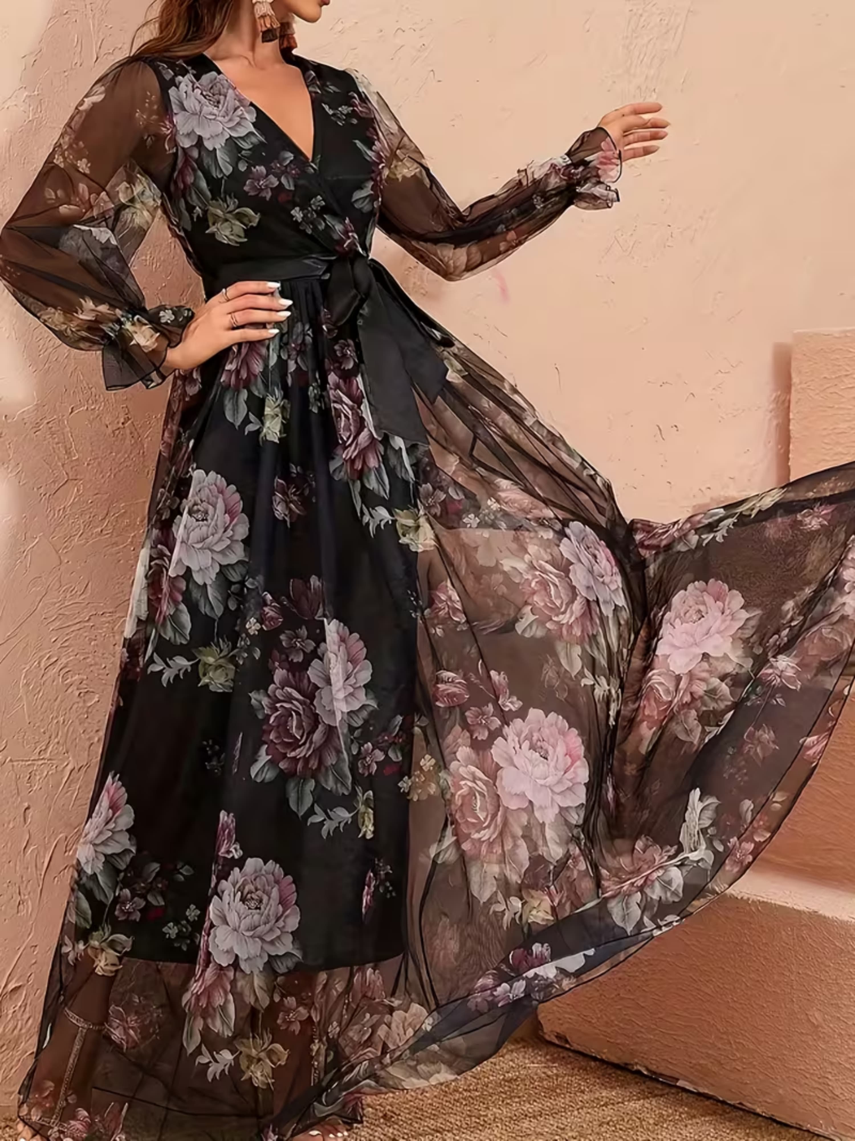 Black Floral Wrap V Neck Tulle Dress