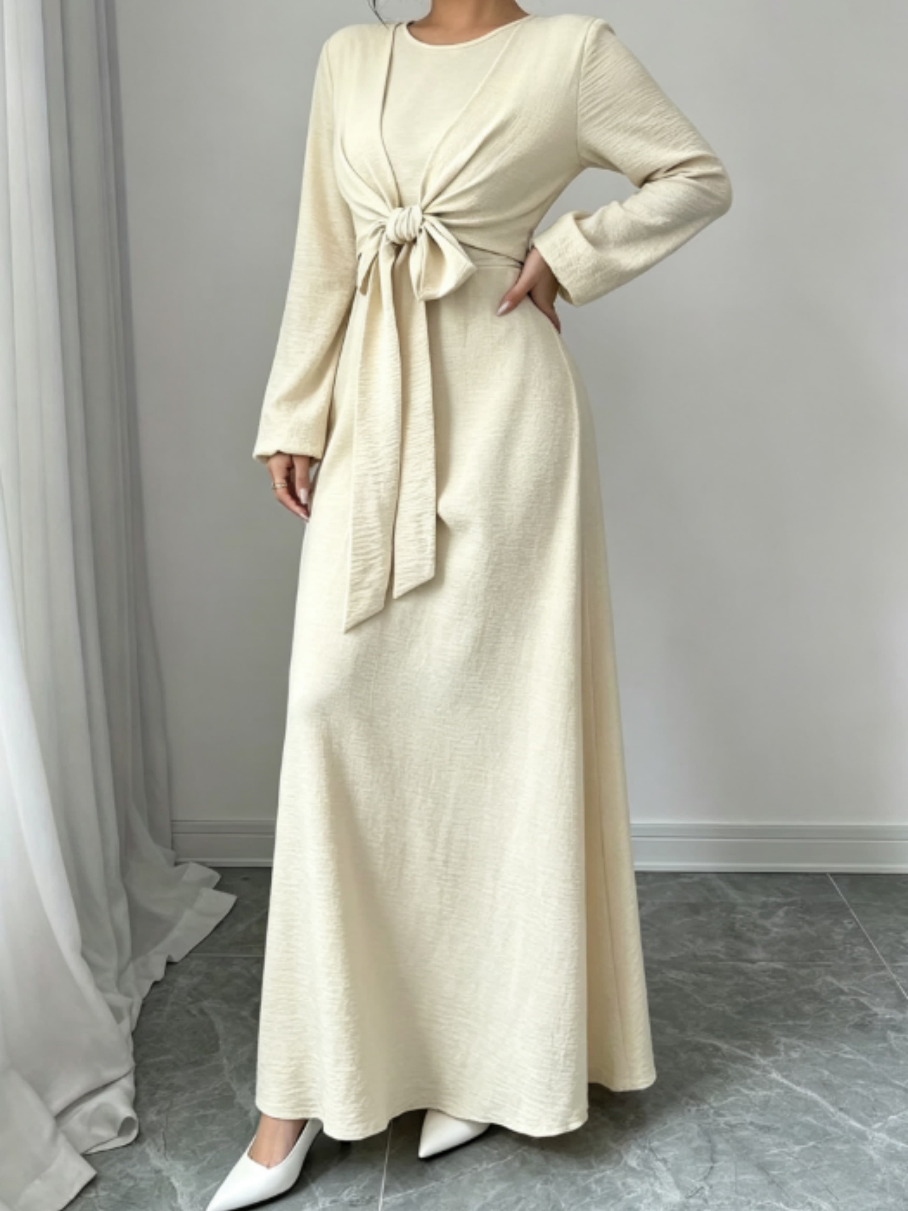 Beige Front Knot Bishop Sleeve Long Maxi Dress