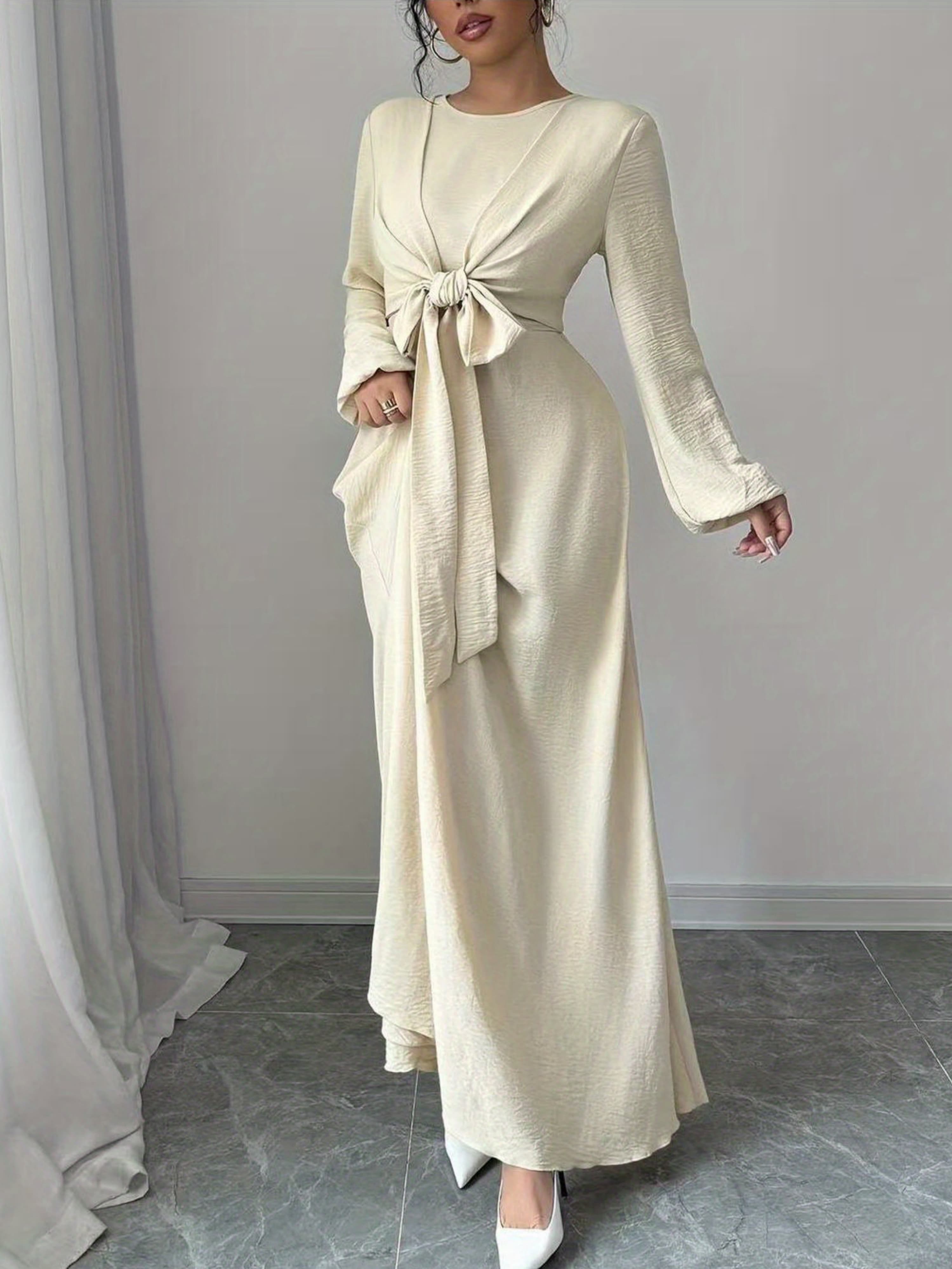 Beige Front Knot Bishop Sleeve Long Maxi Dress