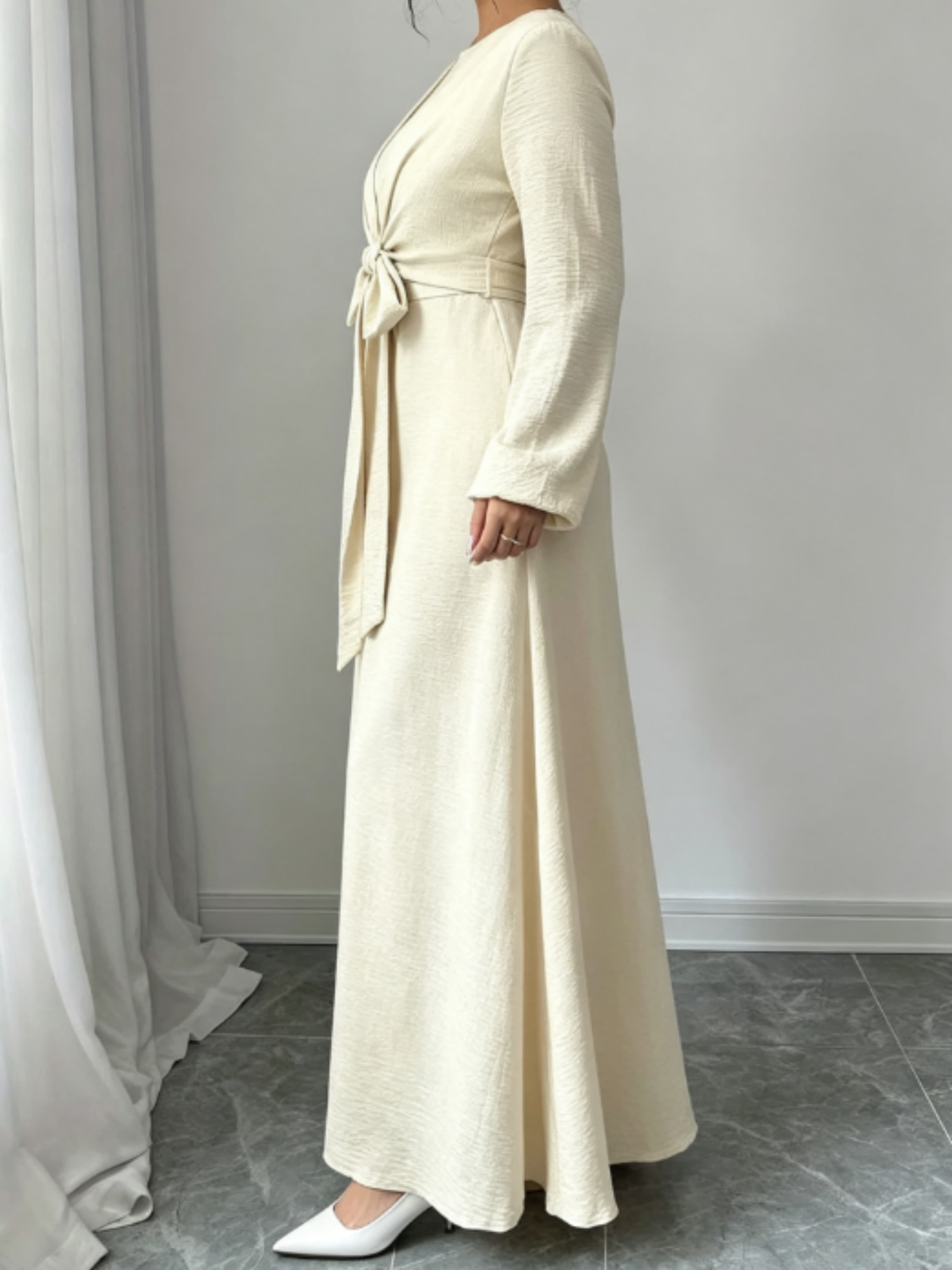 Beige Front Knot Bishop Sleeve Long Maxi Dress