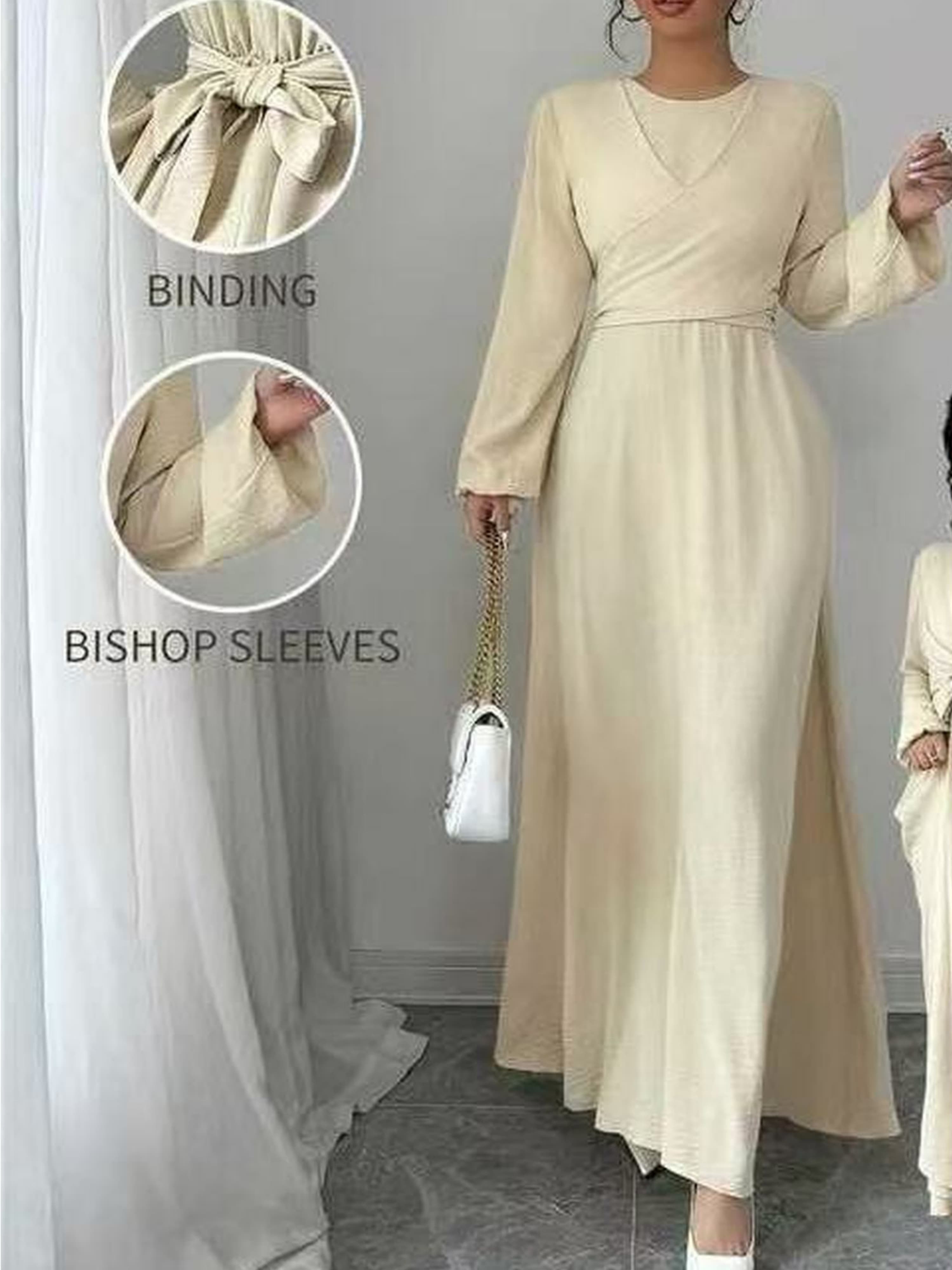 Beige Front Knot Bishop Sleeve Long Maxi Dress