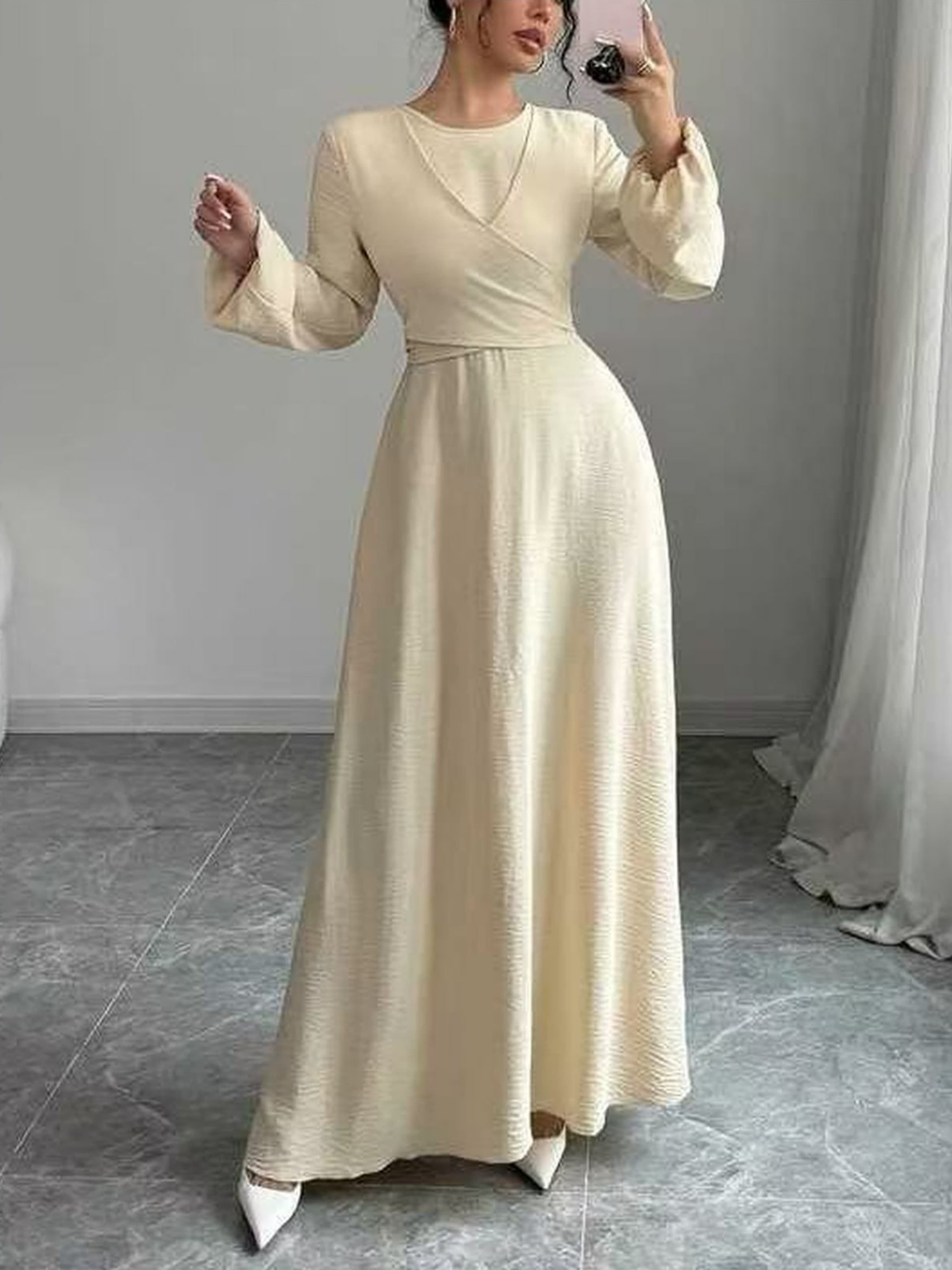 Beige Front Knot Bishop Sleeve Long Maxi Dress