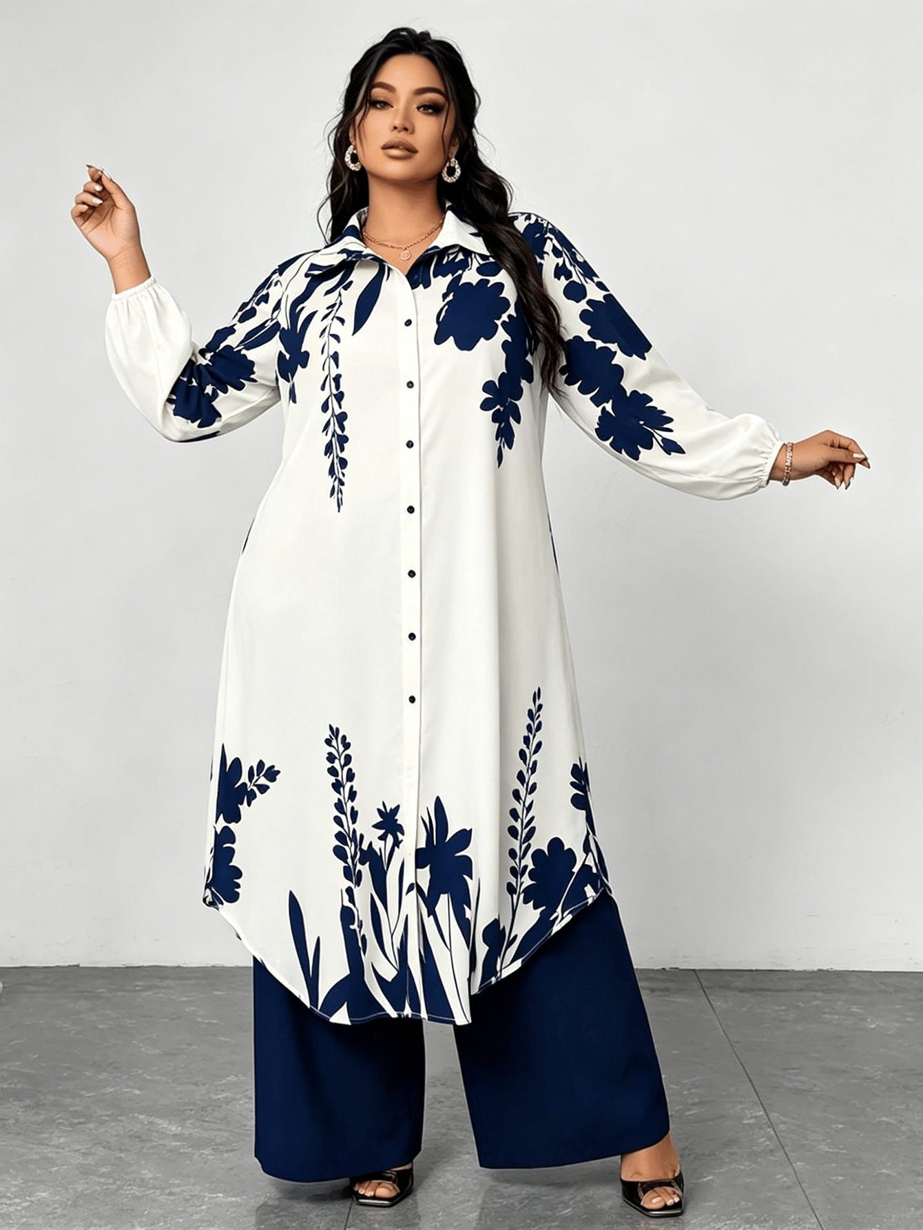 Plus Size Navy Floral Print Shirt and Wide Leg Pants Set