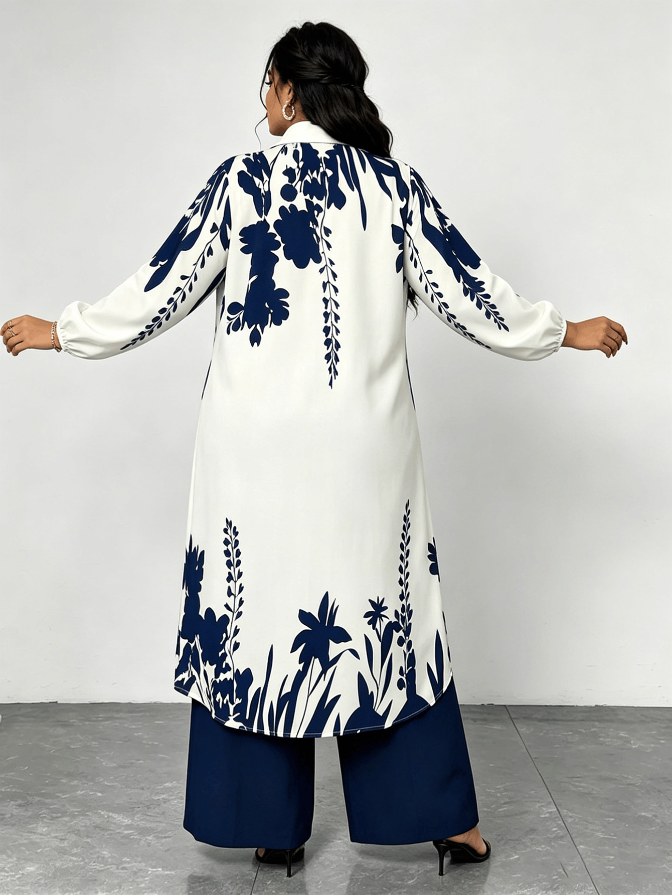 Plus Size Navy Floral Print Shirt and Wide Leg Pants Set