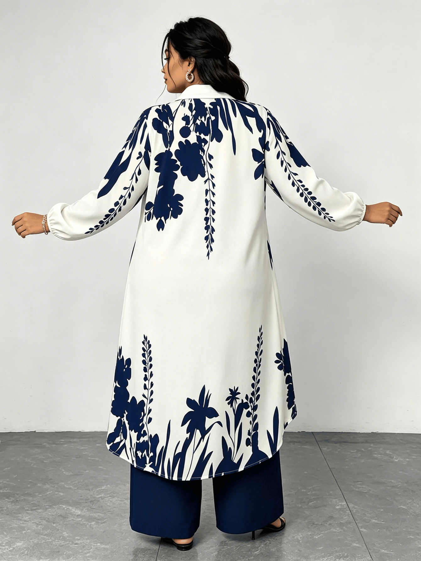 Plus Size Navy Floral Print Shirt and Wide Leg Pants Set
