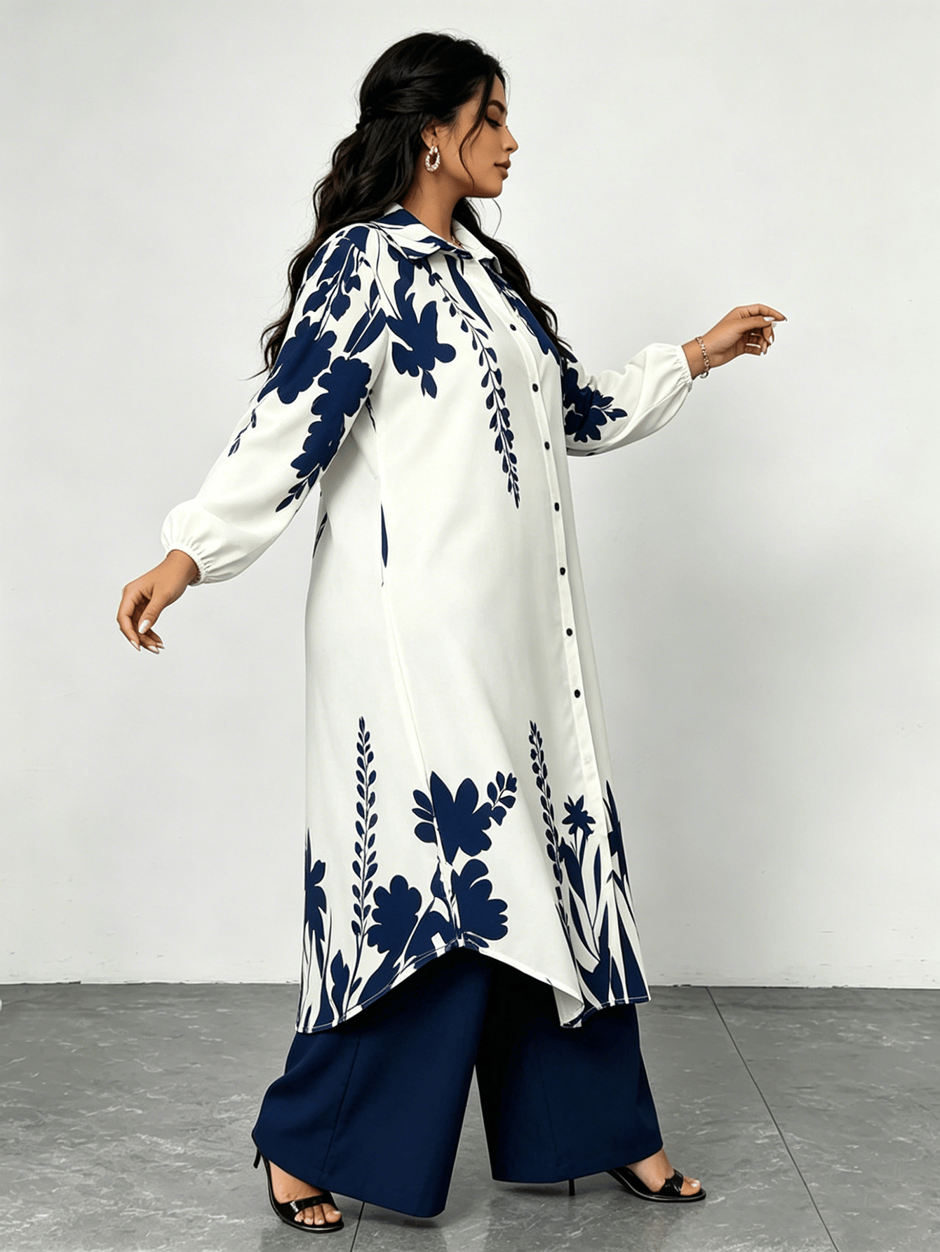 Plus Size Navy Floral Print Shirt and Wide Leg Pants Set