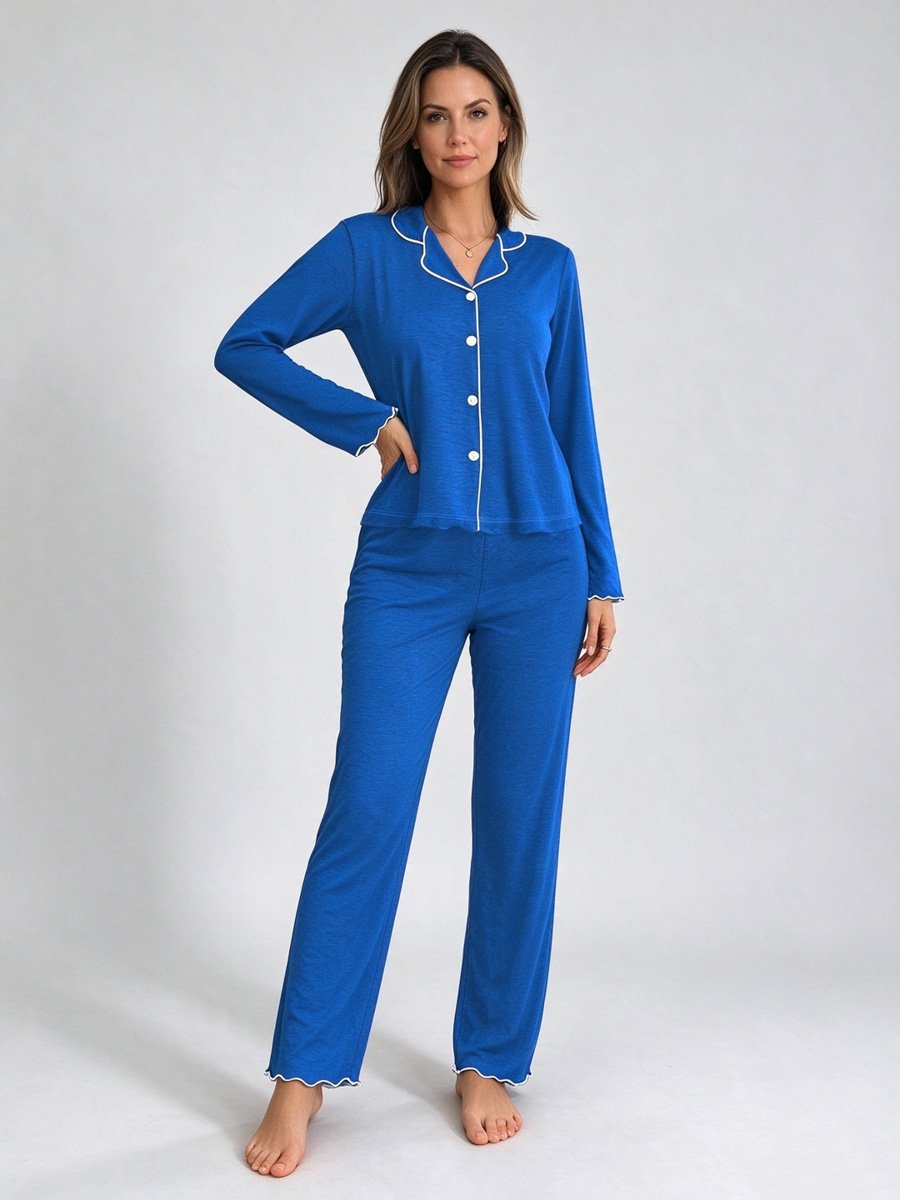 Navy Blue Knitted Long Sleeve Pyjama Set 