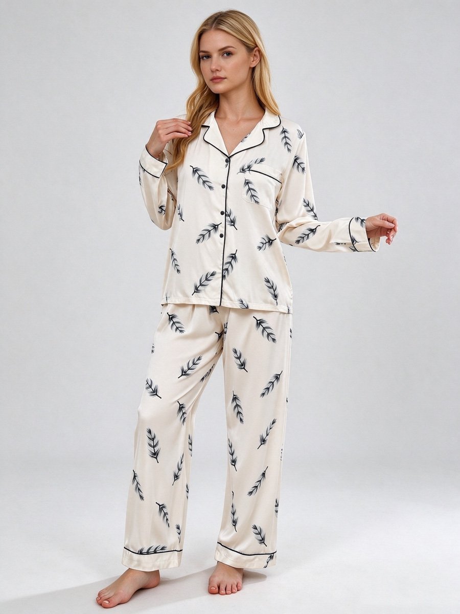 Feather Print Long Sleeve Pyjama Set 
