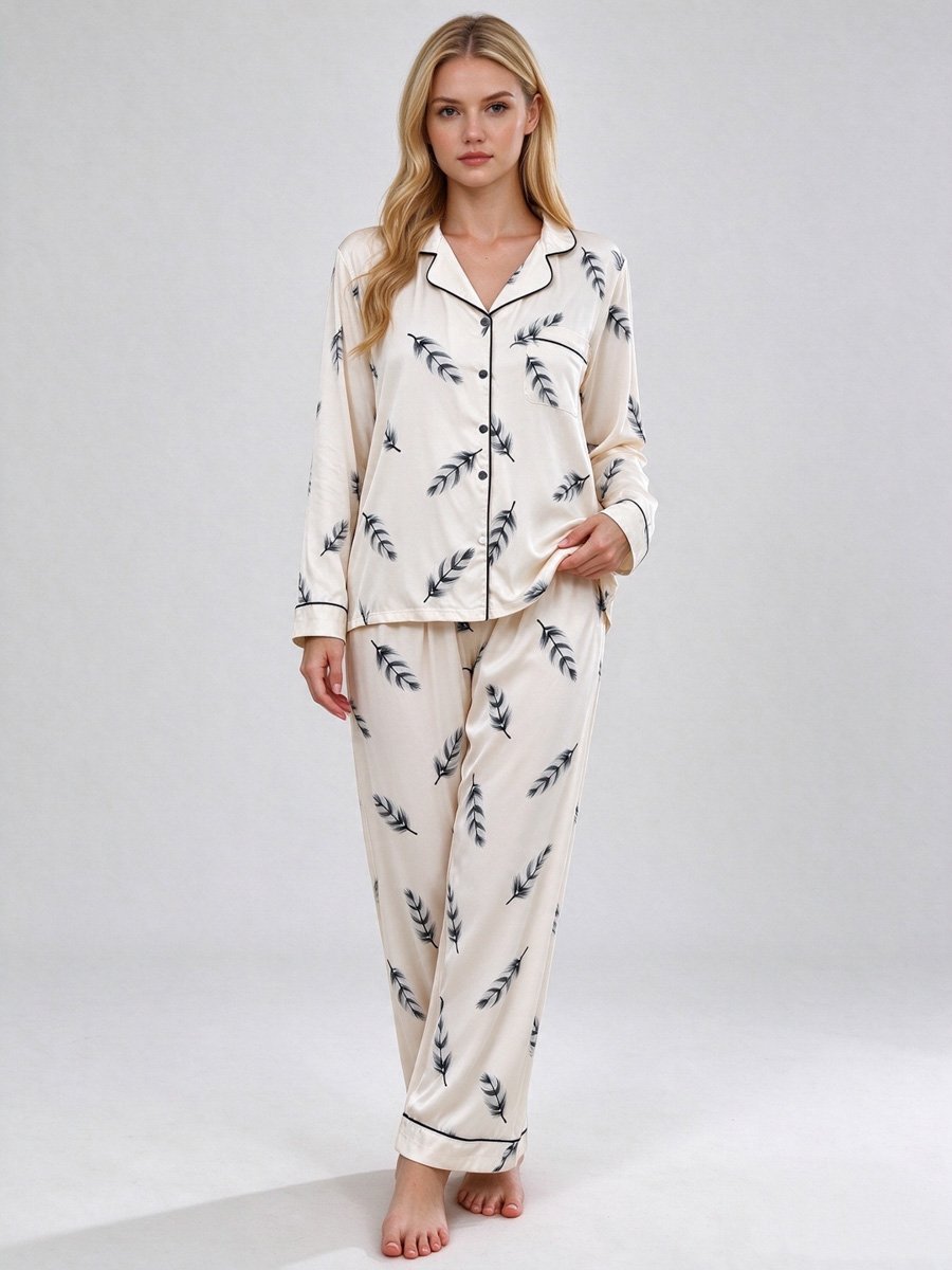Feather Print Long Sleeve Pyjama Set 