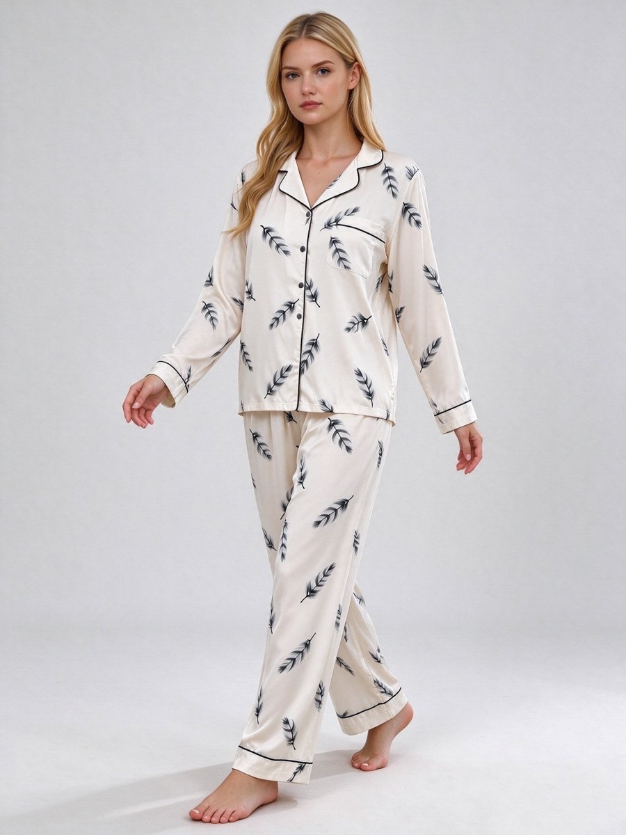 Feather Print Long Sleeve Pyjama Set 