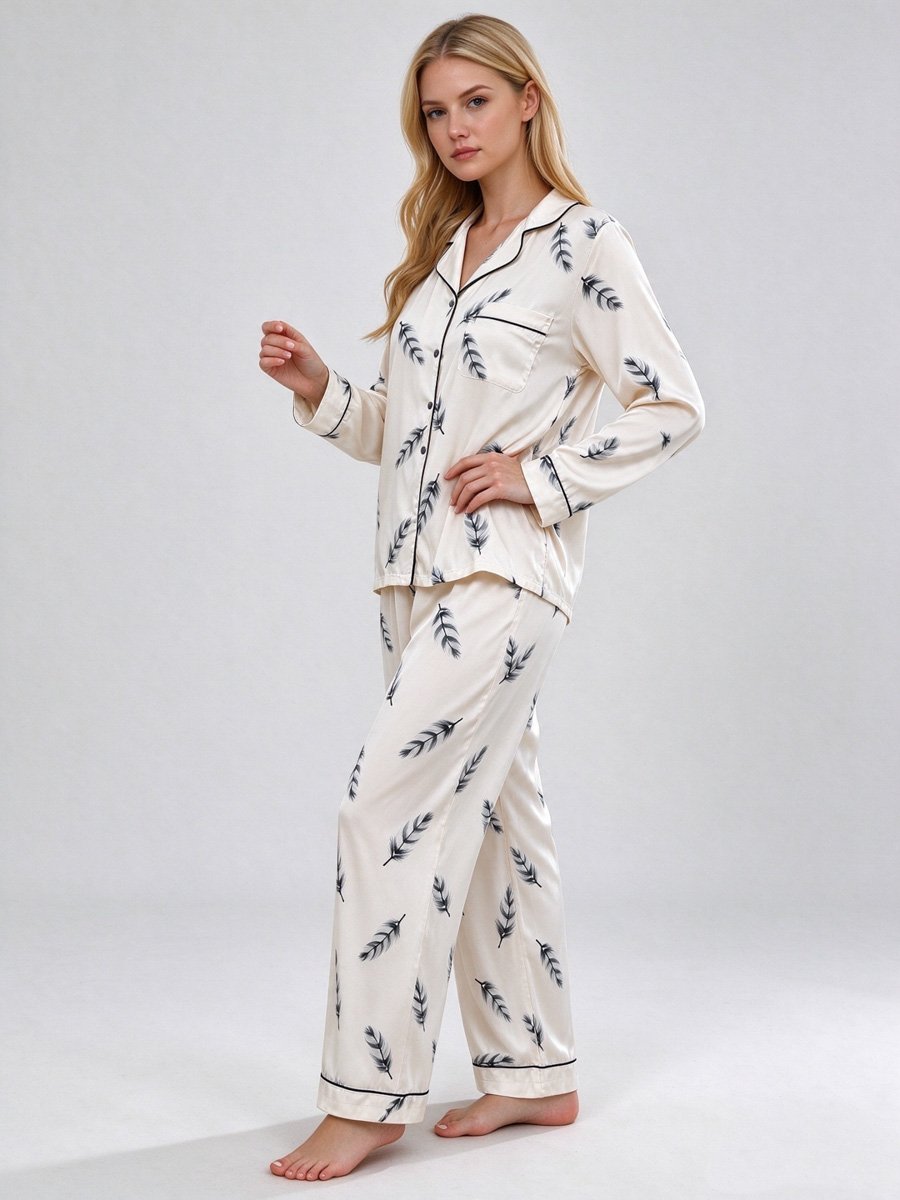 Feather Print Long Sleeve Pyjama Set 