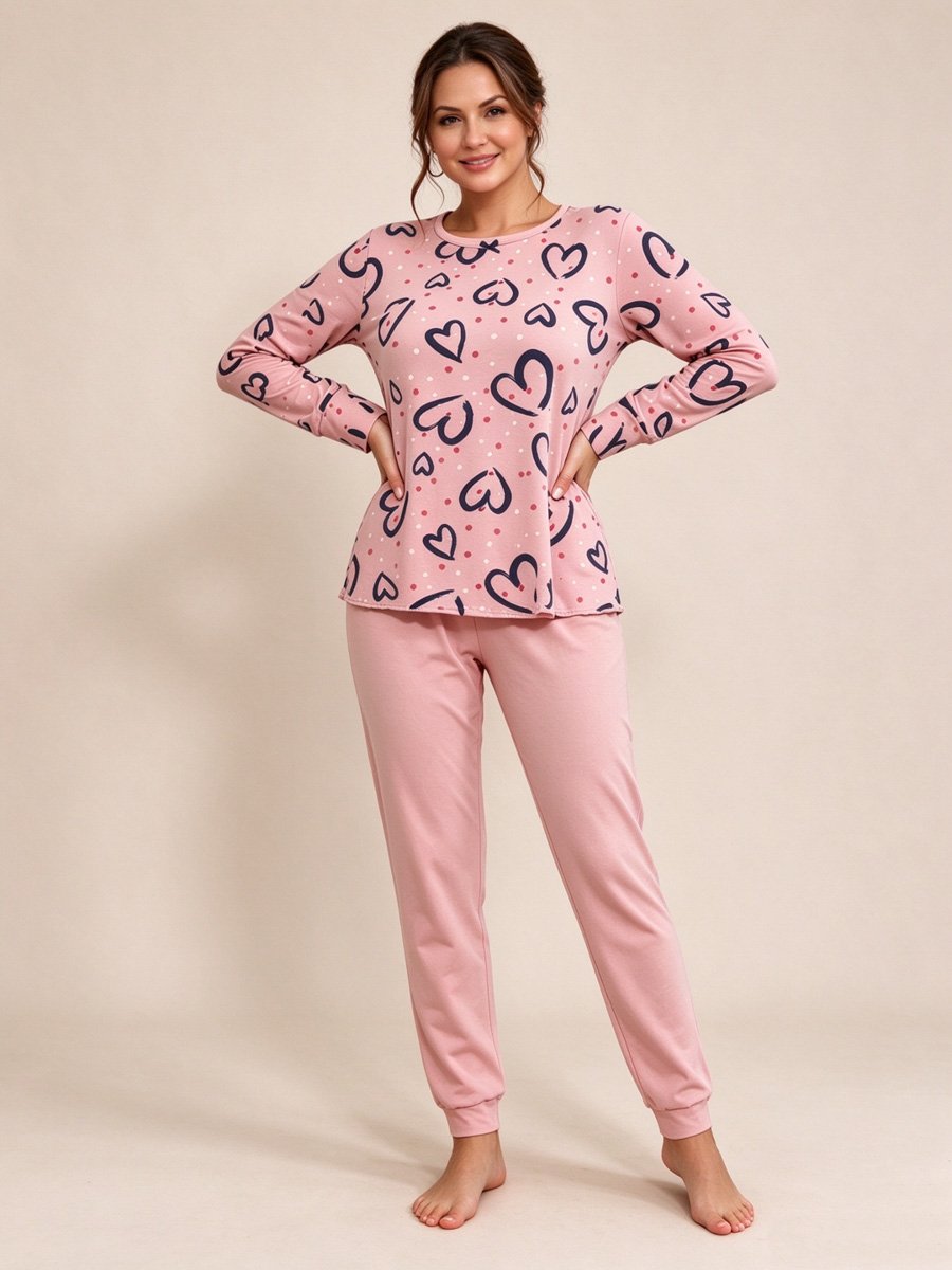Pink Heart Print Long Sleeve Top and Cuffed Pyjama Set