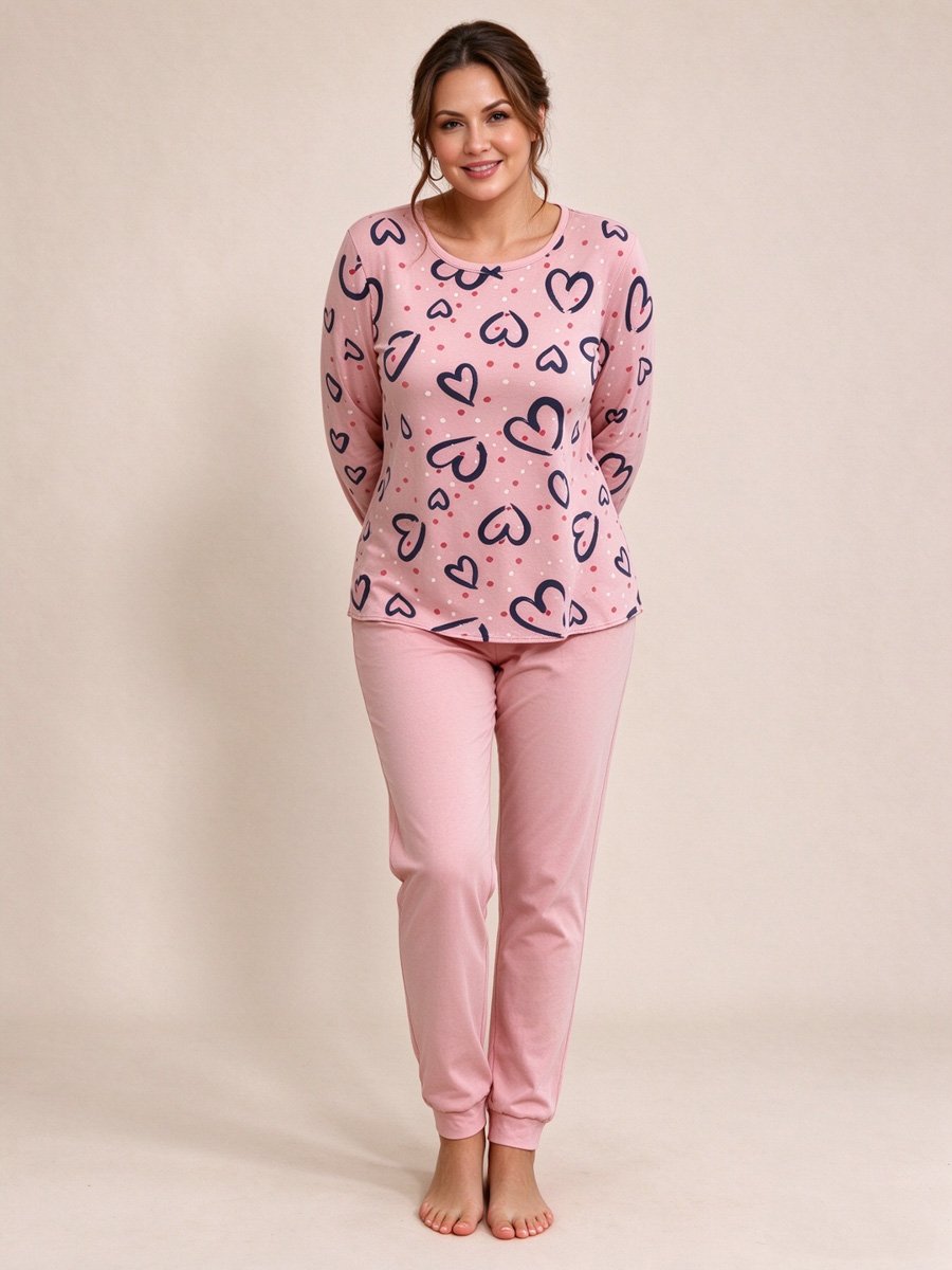 Pink Heart Print Long Sleeve Top and Cuffed Pyjama Set