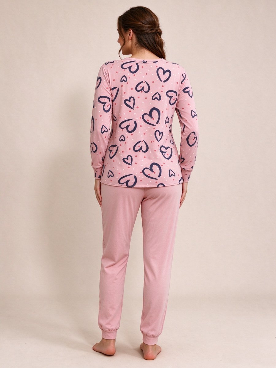 Pink Heart Print Long Sleeve Top and Cuffed Pyjama Set