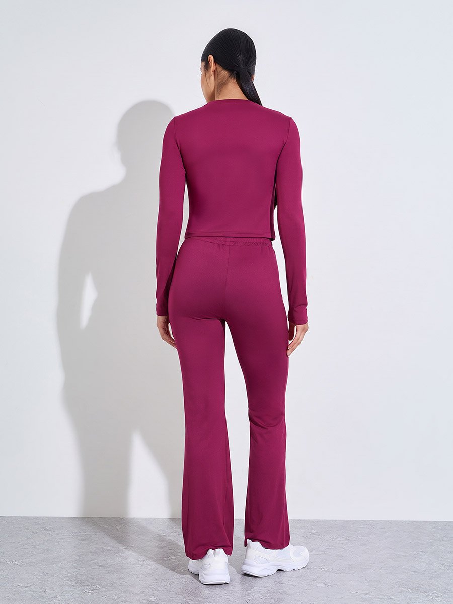 Burgundy  Solid Long Sleeves Crop Top and Flared Leggings Active Set