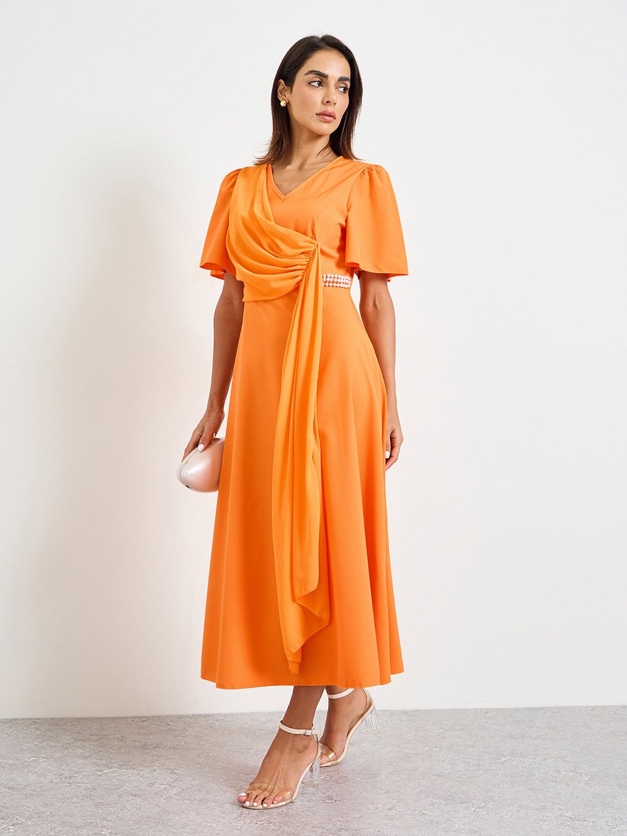 Orange Midi A-Line Dress with Short Sleeves