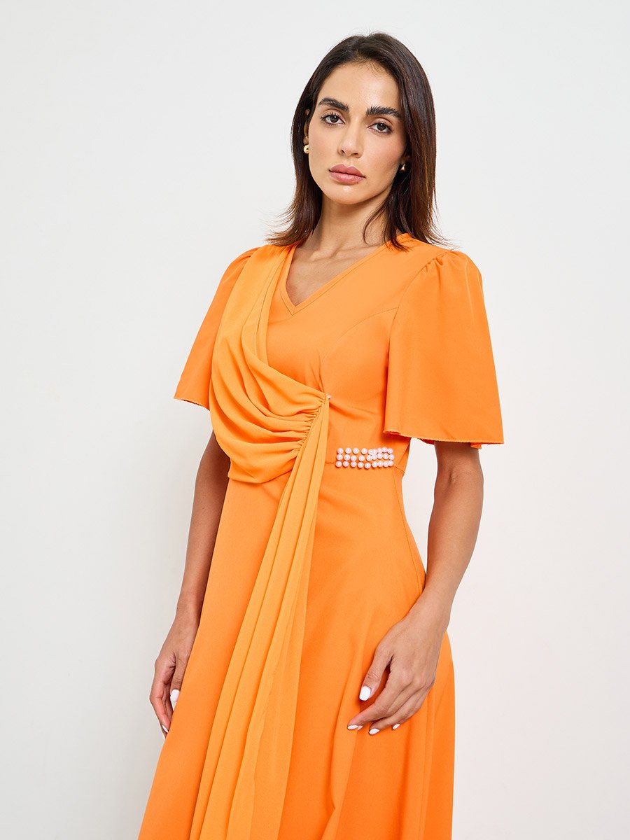Orange Midi A-Line Dress with Short Sleeves
