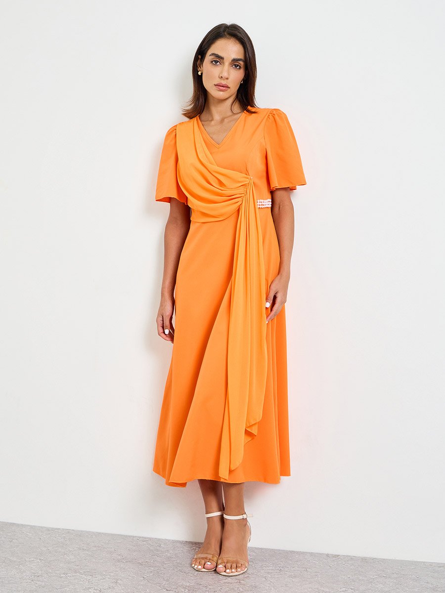 Orange Midi A-Line Dress with Short Sleeves