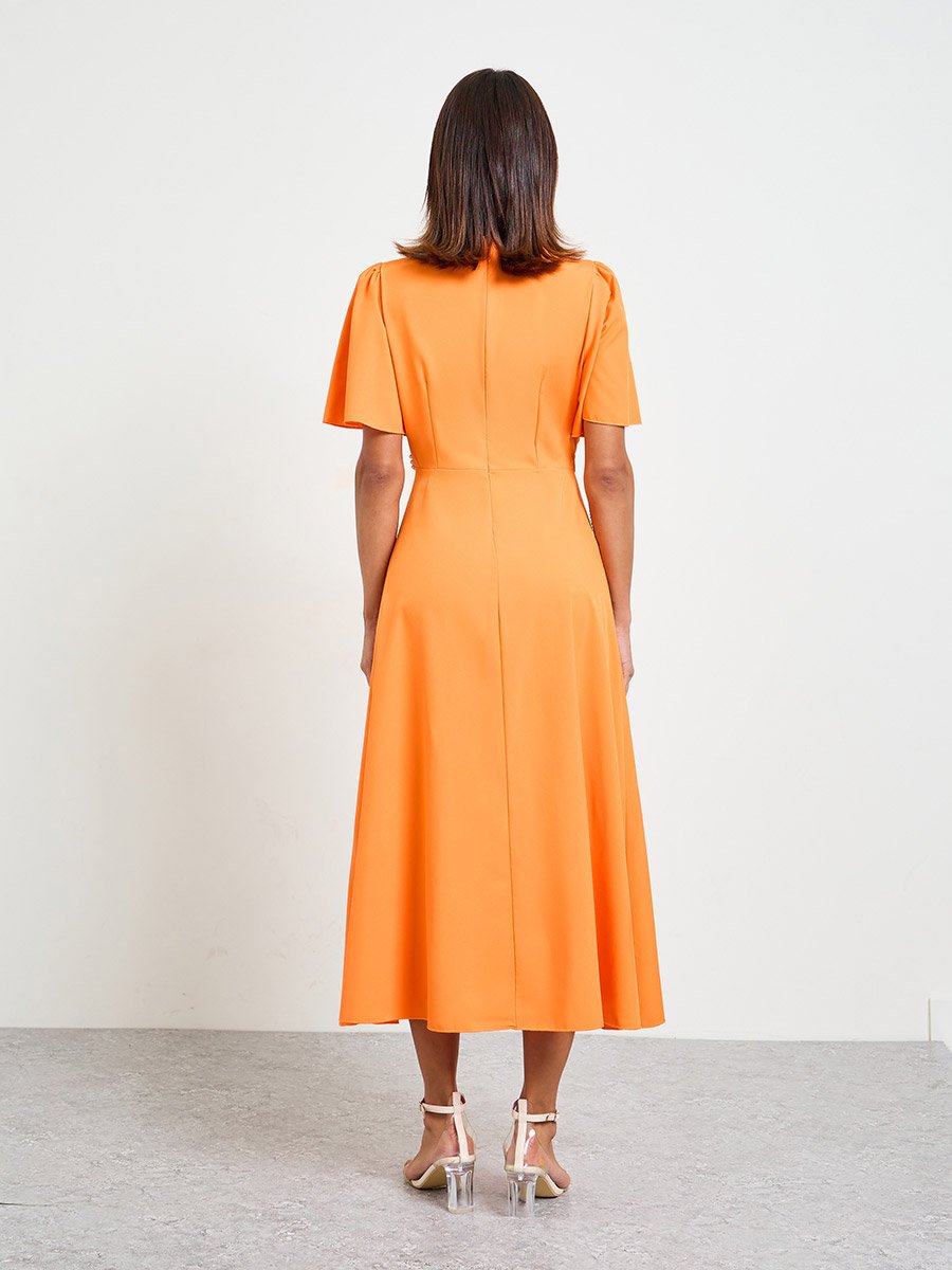Orange Midi A-Line Dress with Short Sleeves