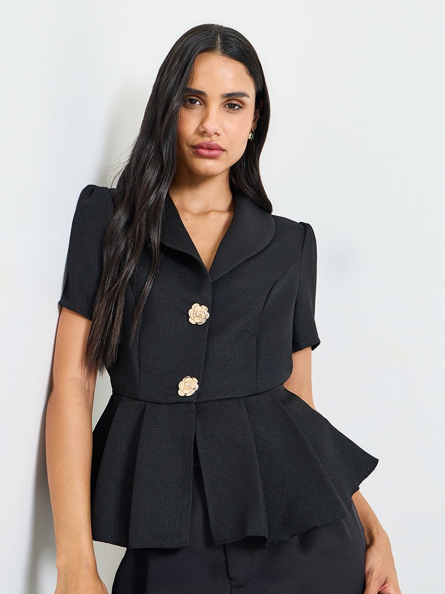 Black Short Sleeve Peplum Blouse with Floral Buttons