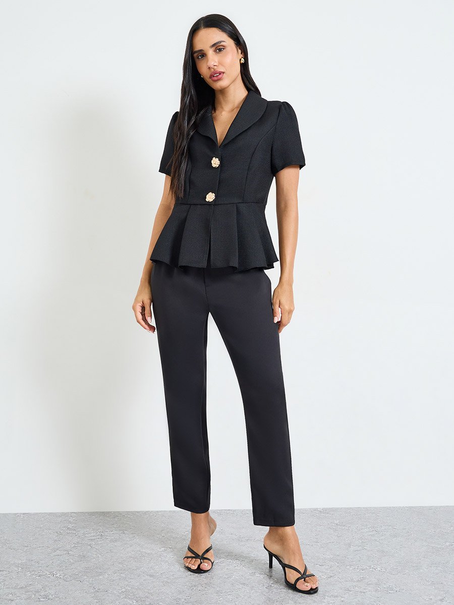 Black Short Sleeve Peplum Blouse with Floral Buttons