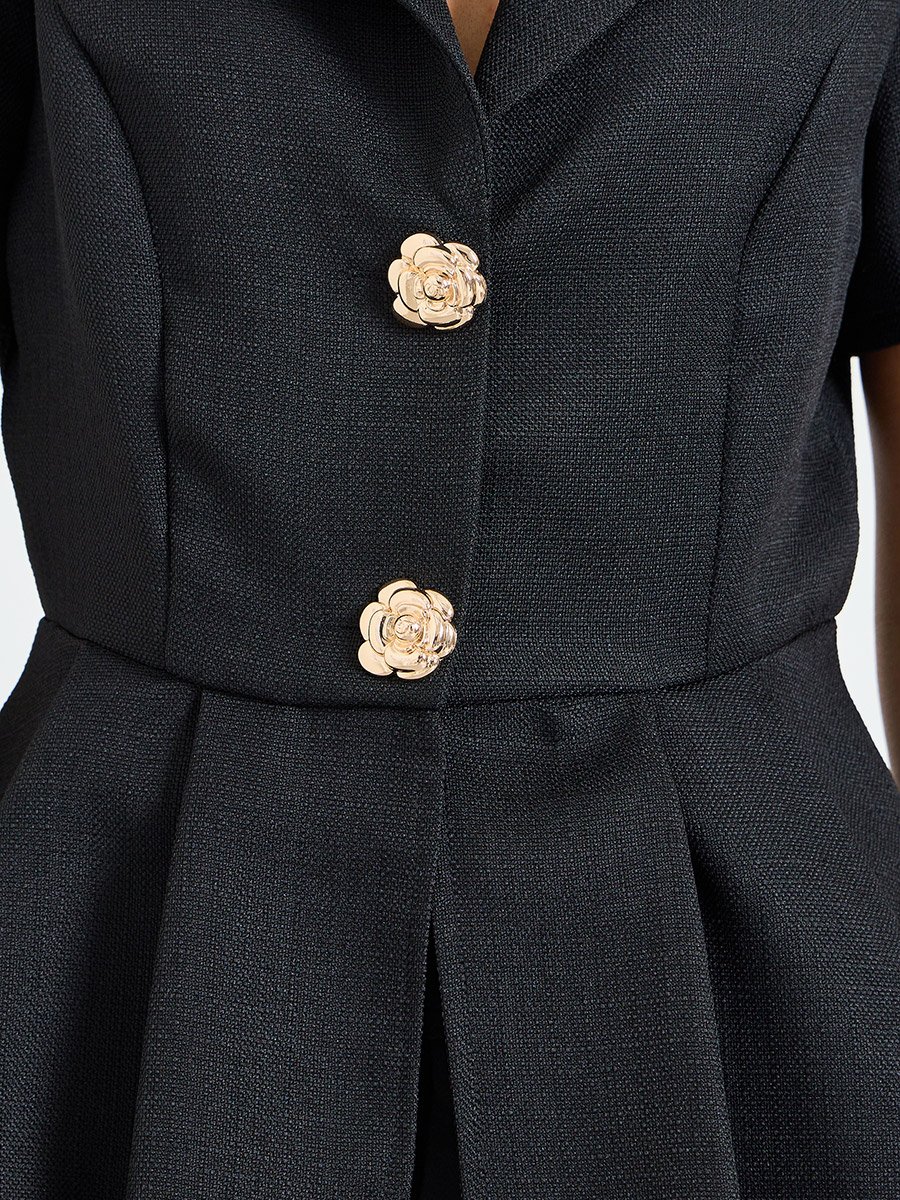 Black Short Sleeve Peplum Blouse with Floral Buttons