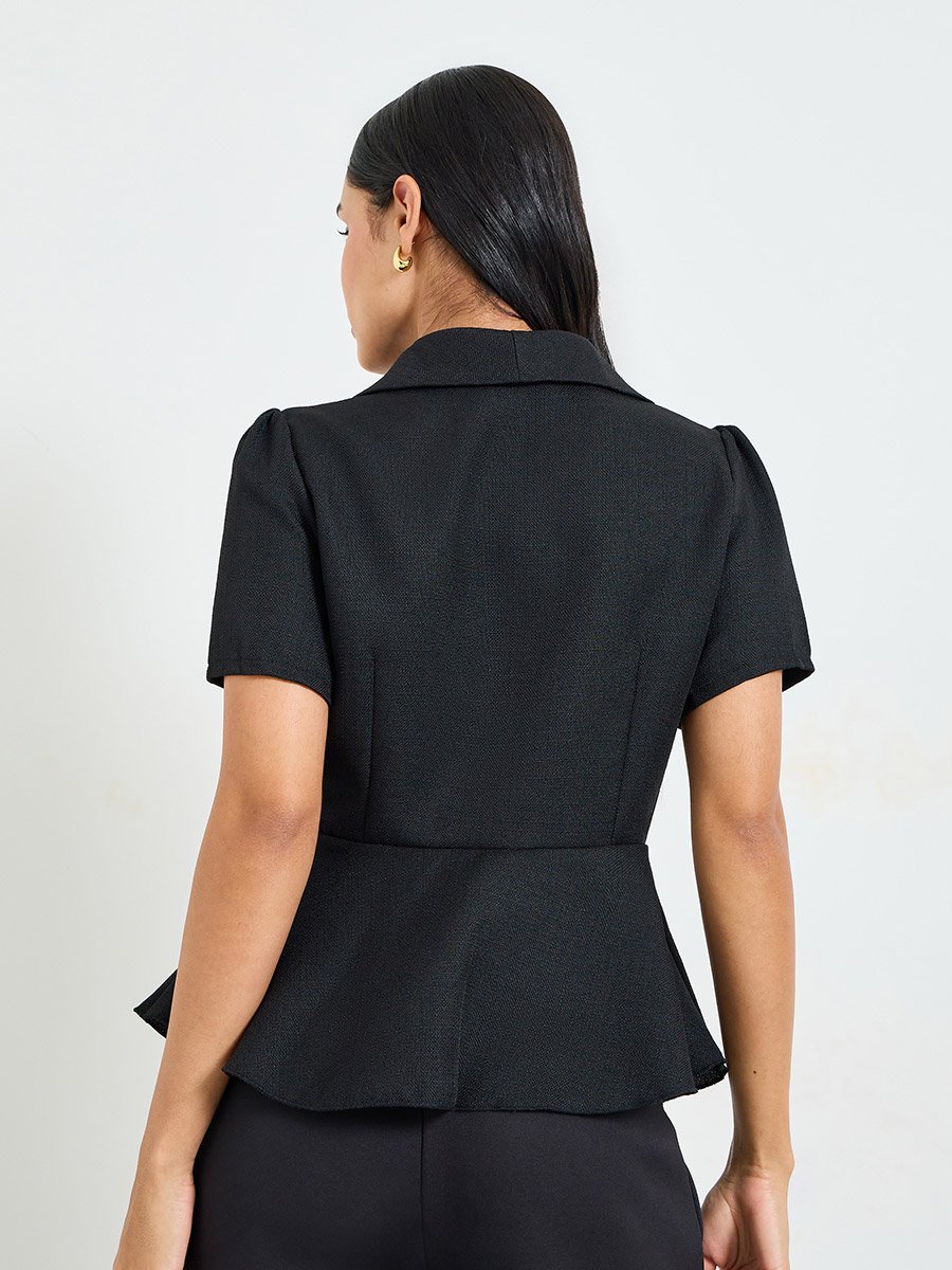 Black Short Sleeve Peplum Blouse with Floral Buttons