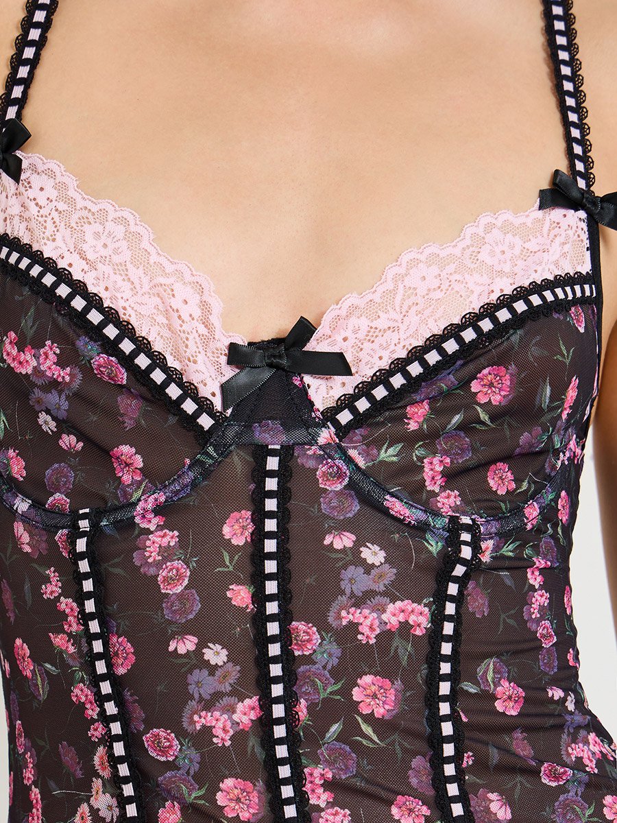 Floral Mesh Babydoll with Lace Trim and Brief