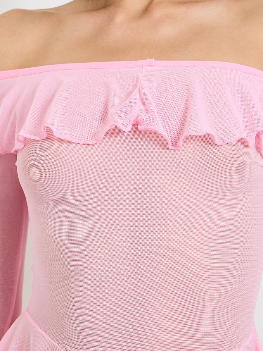 Pink Sheer Mesh Ruffled Off Shoulder Babydoll with Brief