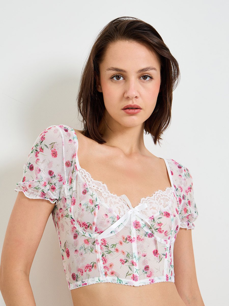 White Floral Mesh Bustier Crop Top