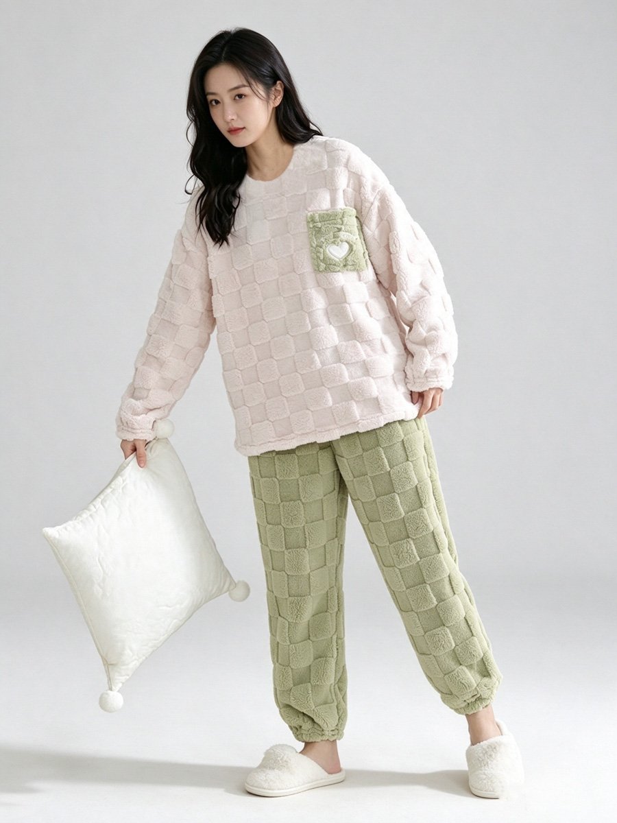 Checkered Plush Top and Pants Loungewear Set