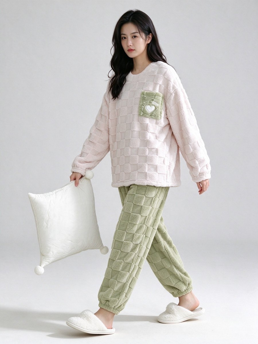 Checkered Plush Top and Pants Loungewear Set