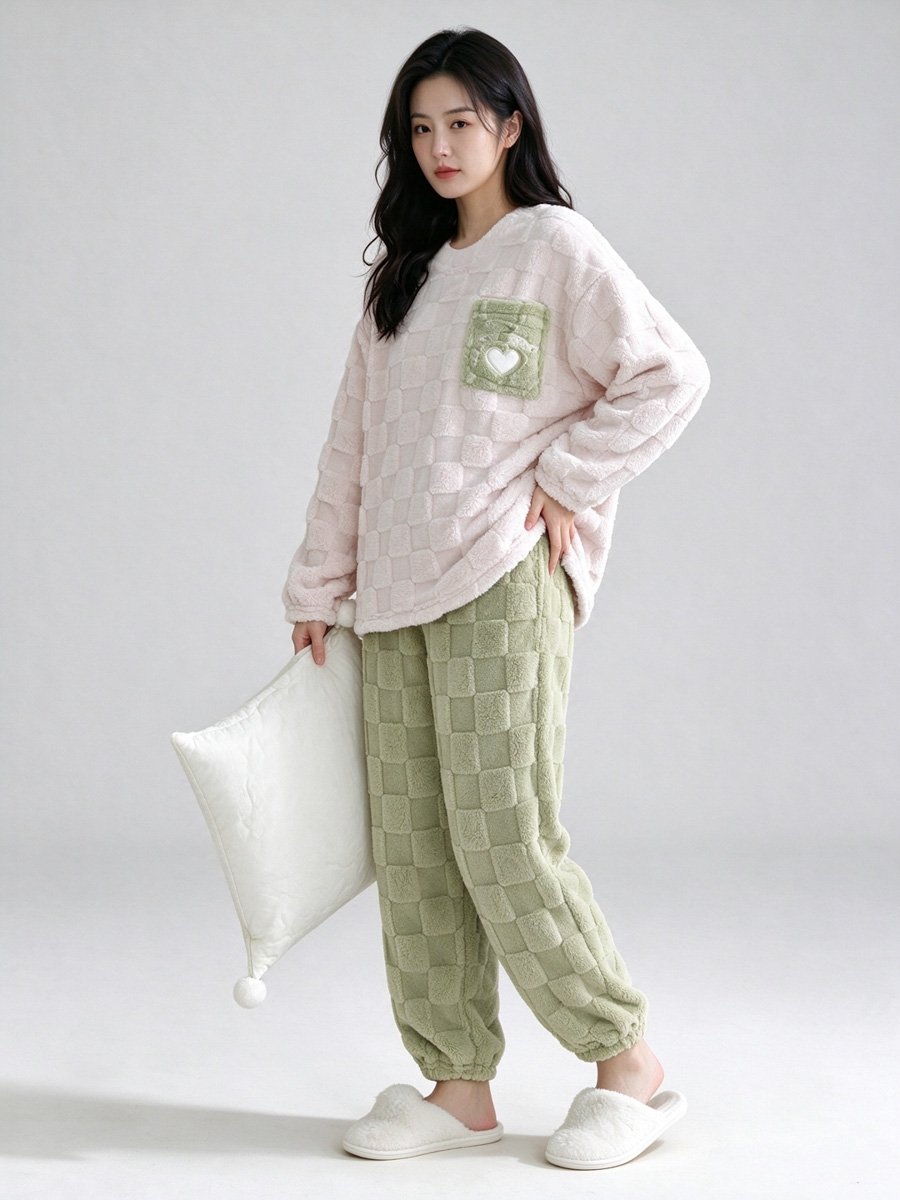 Checkered Plush Top and Pants Loungewear Set