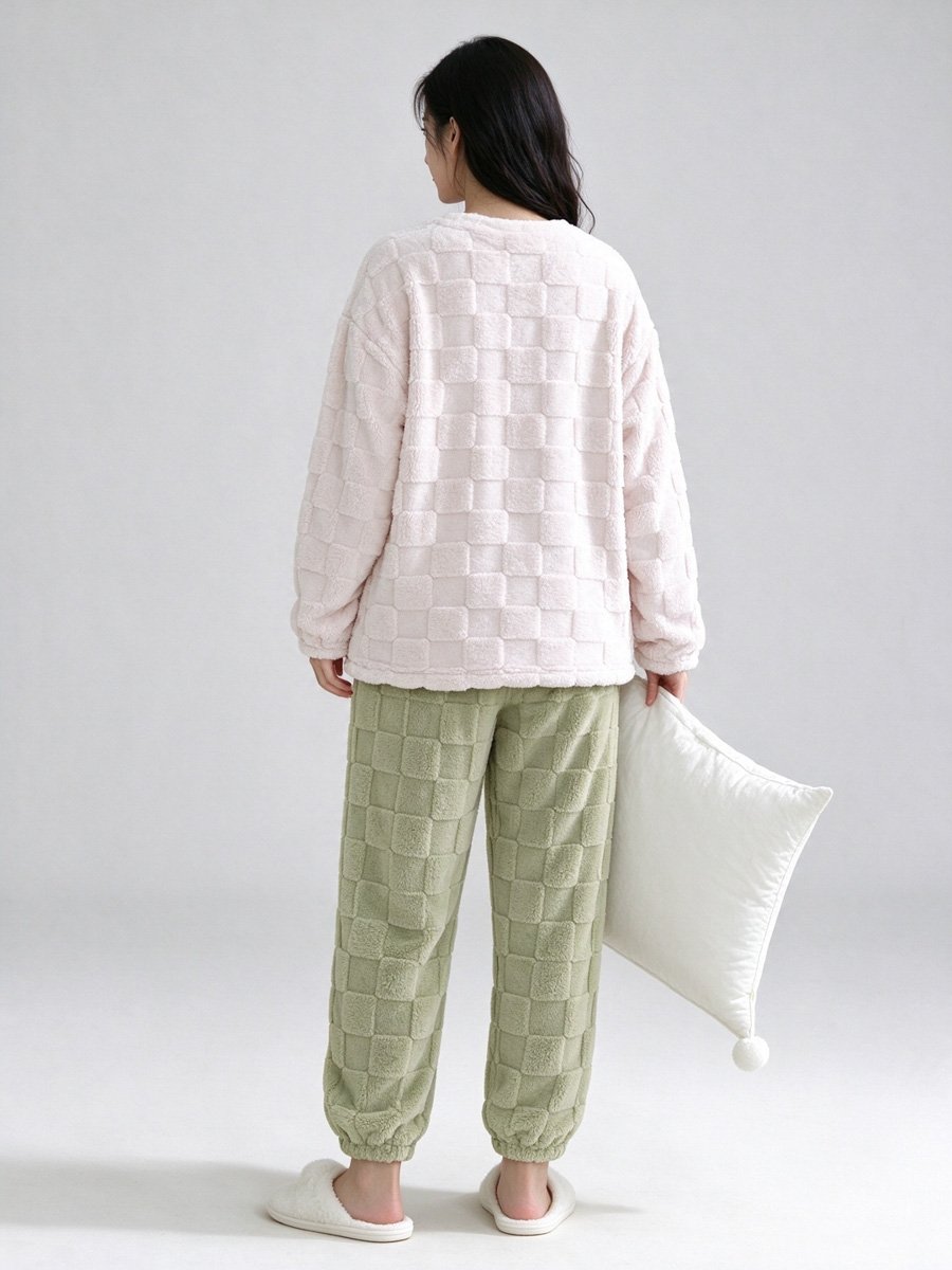 Checkered Plush Top and Pants Loungewear Set