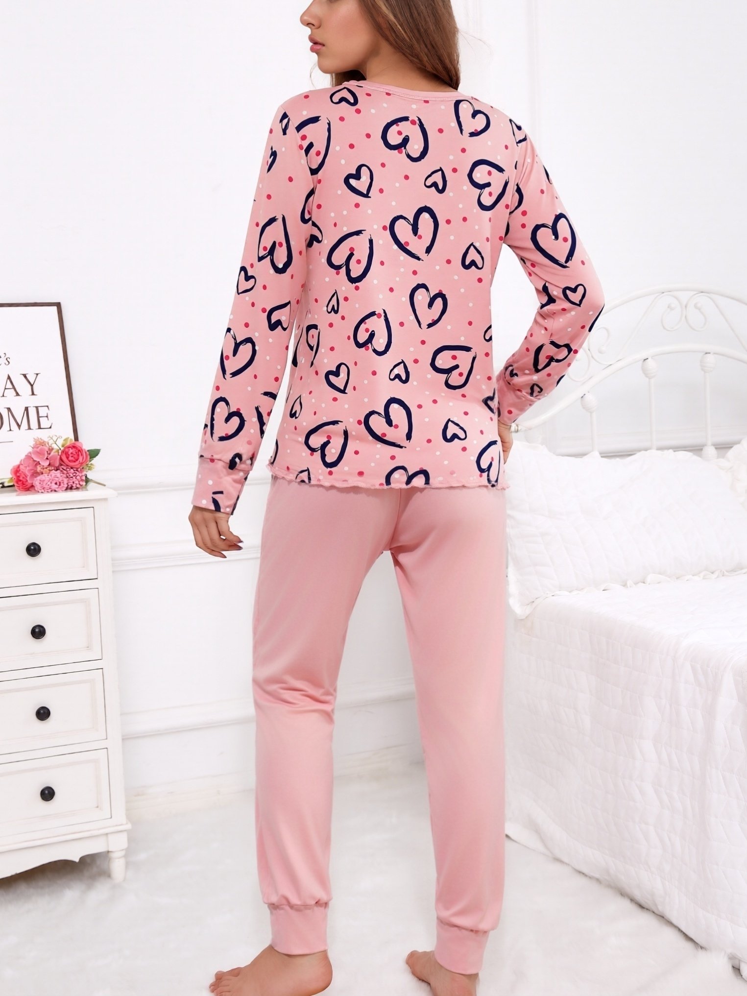Pink Heart Print Long Sleeve Straight Leg Lounge Set