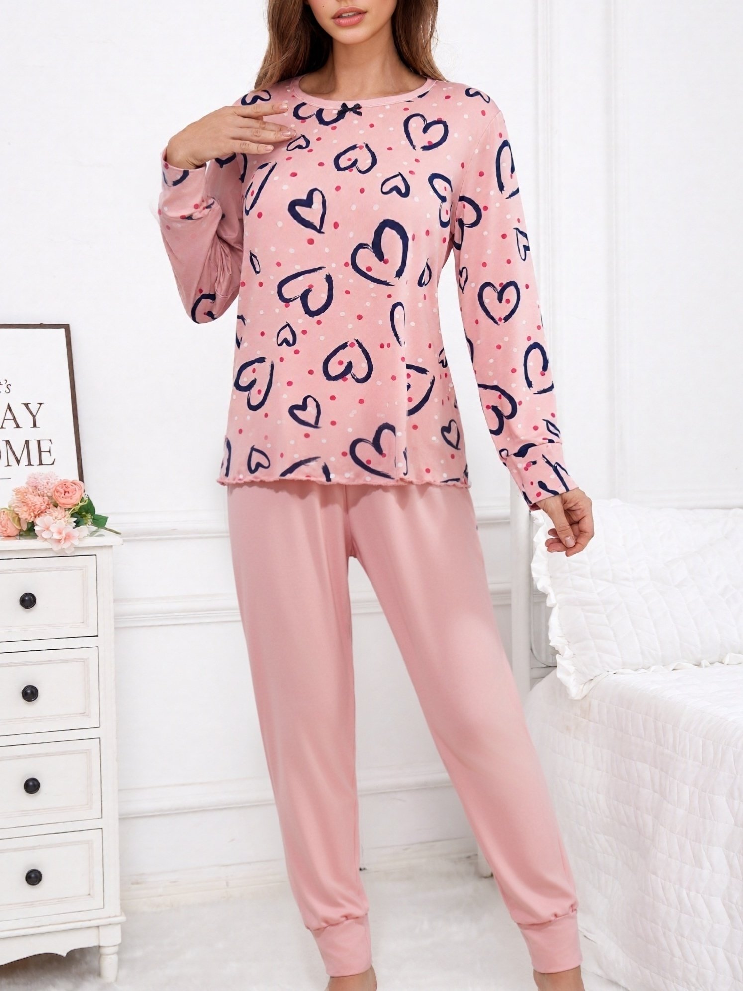 Pink Heart Print Long Sleeve Straight Leg Lounge Set