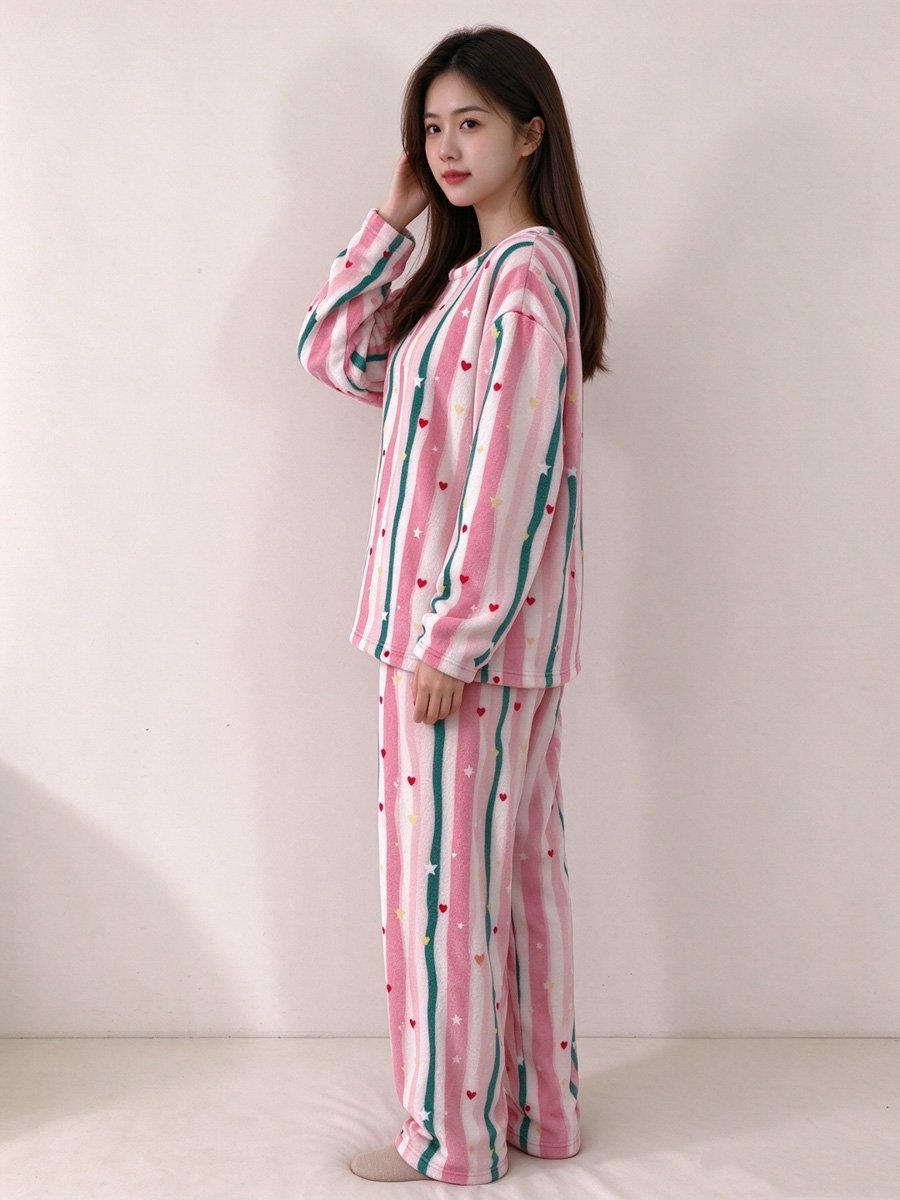 Multi-Stripe Long Sleeve Lounge Set with Straight Leg Pants