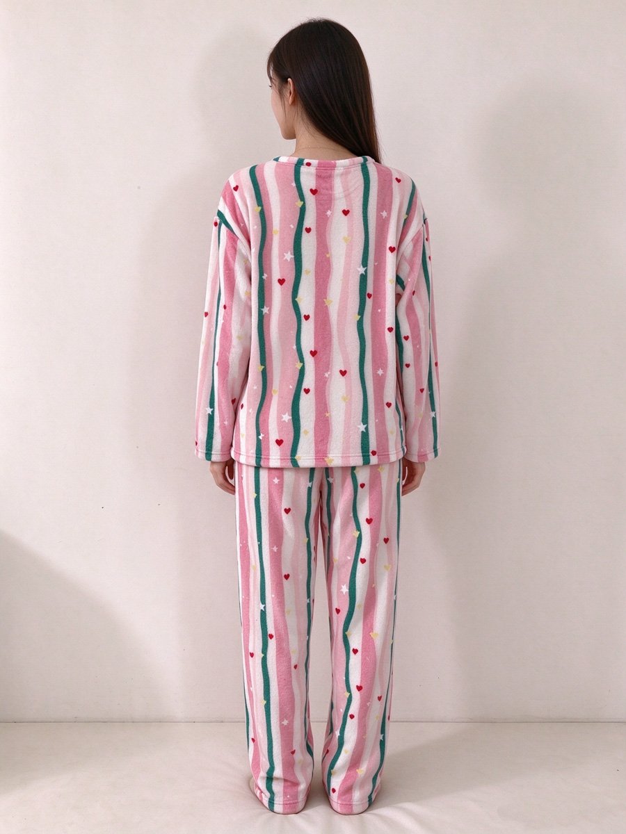 Multi-Stripe Long Sleeve Lounge Set with Straight Leg Pants