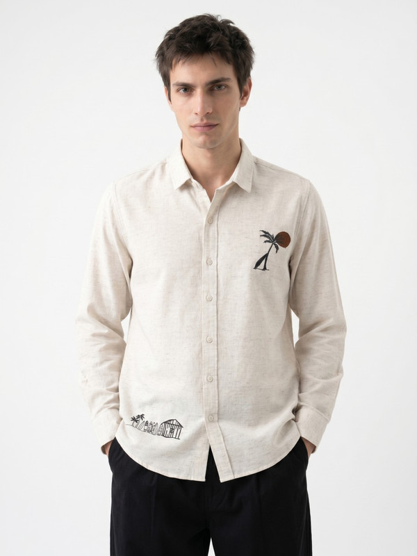 Mens Off-White Graphic Embroidered Casual Shirt with Spread Collar