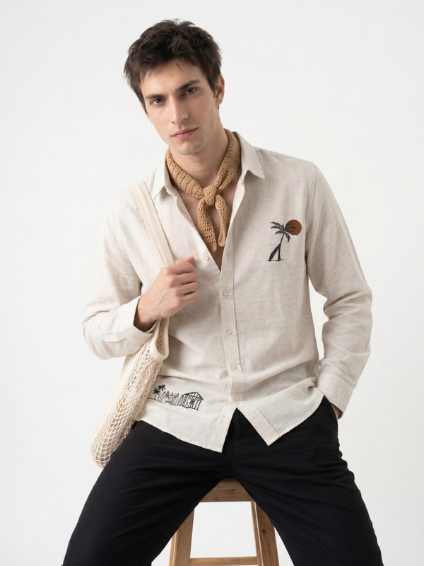 Mens Off-White Graphic Embroidered Casual Shirt with Spread Collar