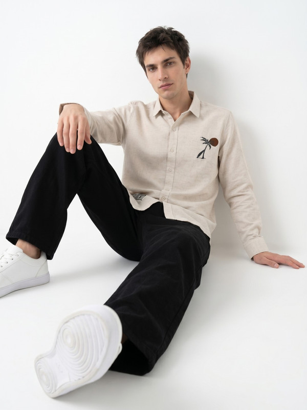 Mens Off-White Graphic Embroidered Casual Shirt with Spread Collar