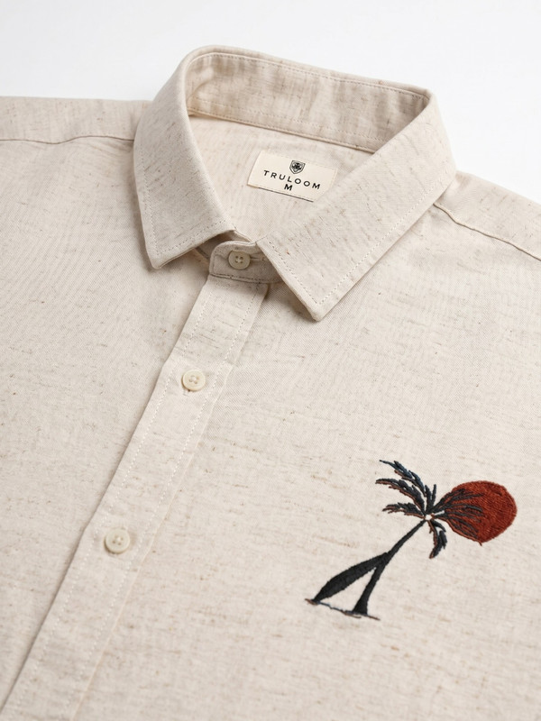 Mens Off-White Graphic Embroidered Casual Shirt with Spread Collar