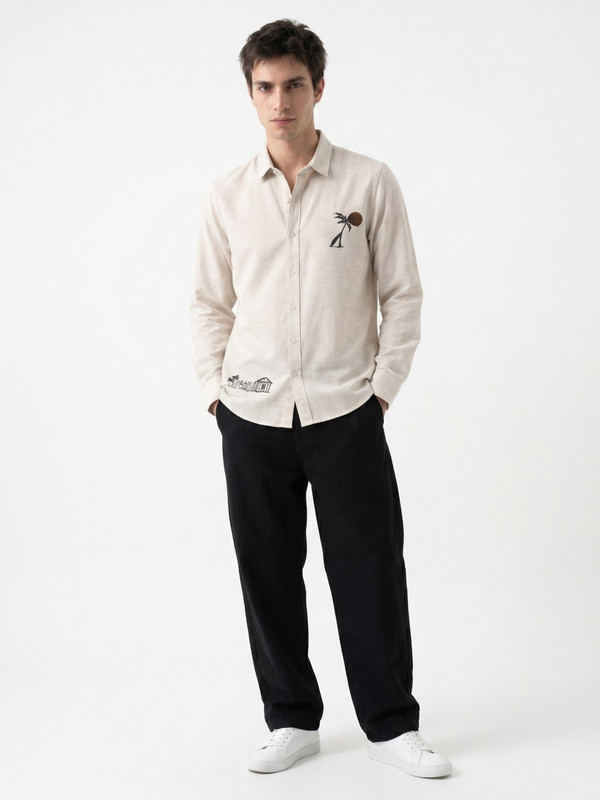Mens Off-White Graphic Embroidered Casual Shirt with Spread Collar