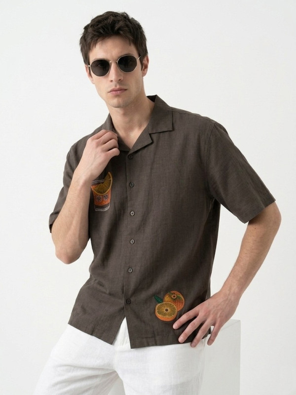 Mens Coffee Brown Graphic Embroidered Spread Collar Shirt