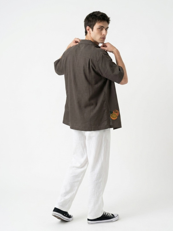 Mens Coffee Brown Graphic Embroidered Spread Collar Shirt