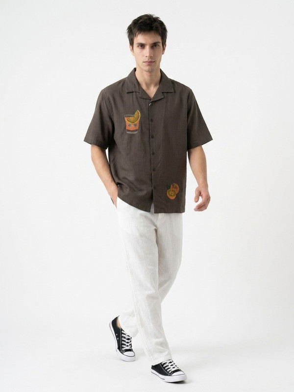 Mens Coffee Brown Graphic Embroidered Spread Collar Shirt