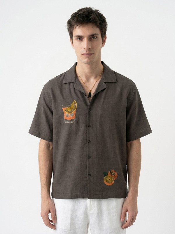 Mens Coffee Brown Graphic Embroidered Spread Collar Shirt
