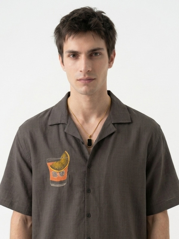Mens Coffee Brown Graphic Embroidered Spread Collar Shirt